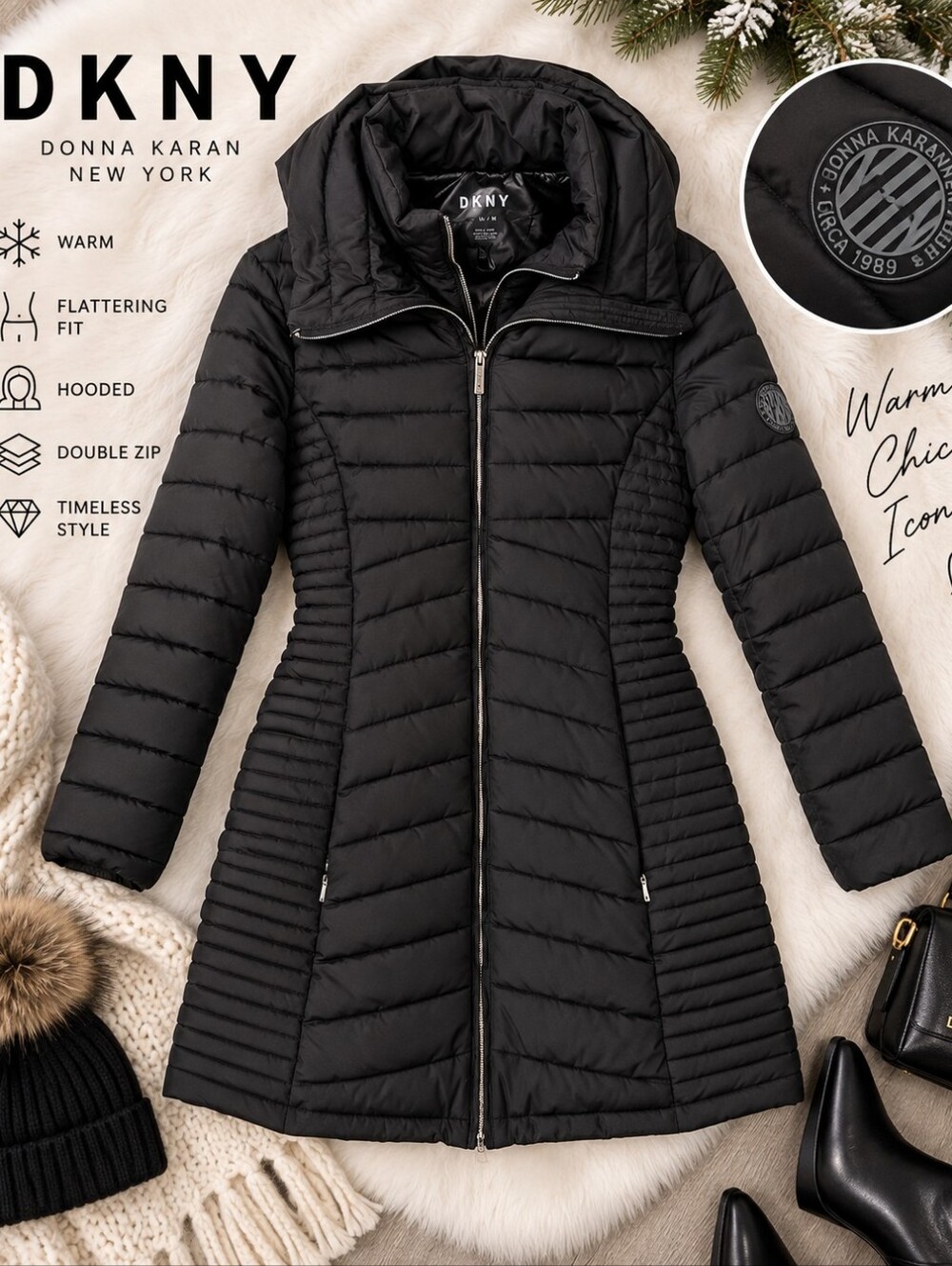 DKNY Black Long Hooded Puffer Coat Size M Fitted Quilted Double Zip Winter